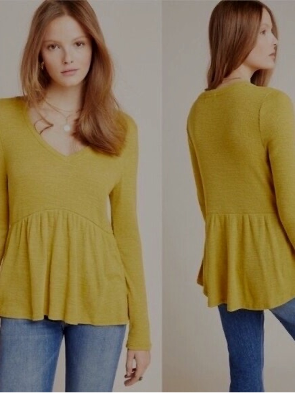 Anthropologie T.LA V neck mustard yellow peplum long sleeve top